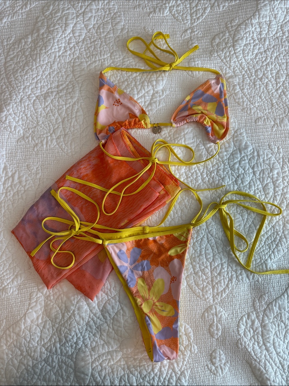 437 Swim - Happy Hour - Tie-String Triangle Bikini Set with Matching Sarong